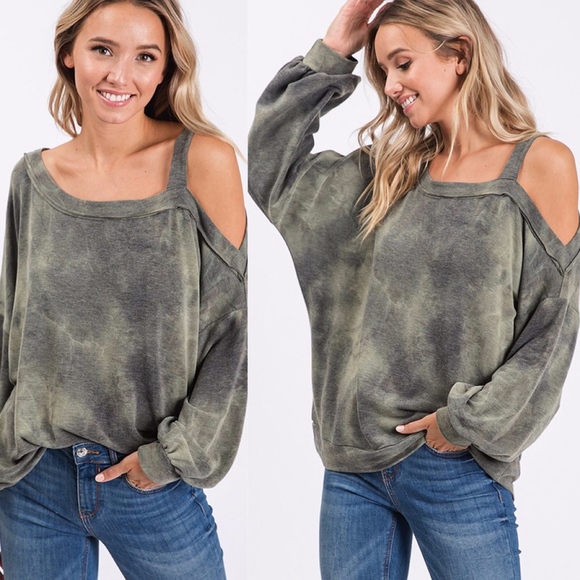 Bellanblue Tops - RUTH Tie Dye Cold Shoulder Top - OLIVE